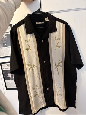 Relaxed Black and Cream Embroidered Bamboo Camp Shirt by